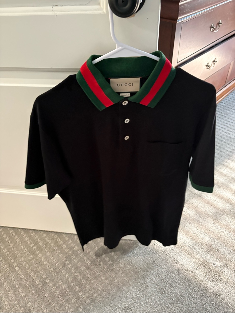 Gucci Black Polo with Green and Red Stripe Collar